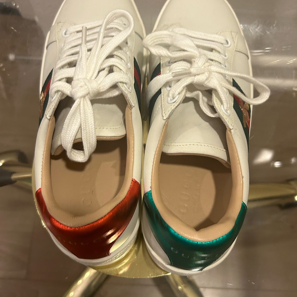 Gucci White Leather Platform Sneakers with Green and Red Web and Gold Bee - Picture 5 of 5